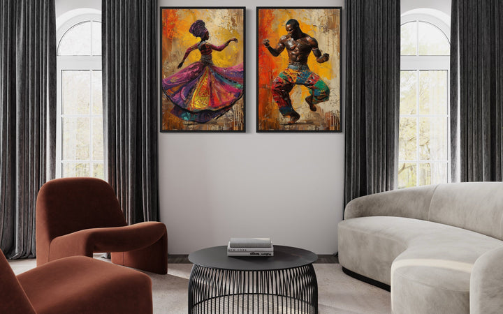 African Man And Woman Dancing Traditional Dance Framed Canvas Wall Art