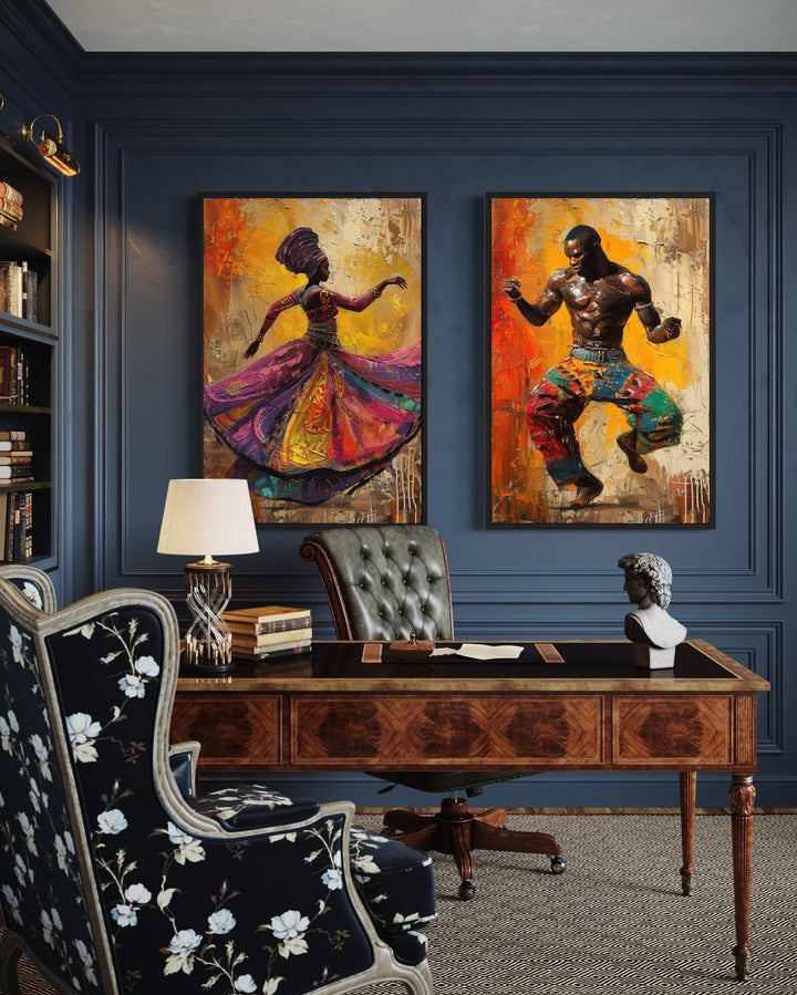 African Man And Woman Dancing Traditional Dance Framed Canvas Wall Art