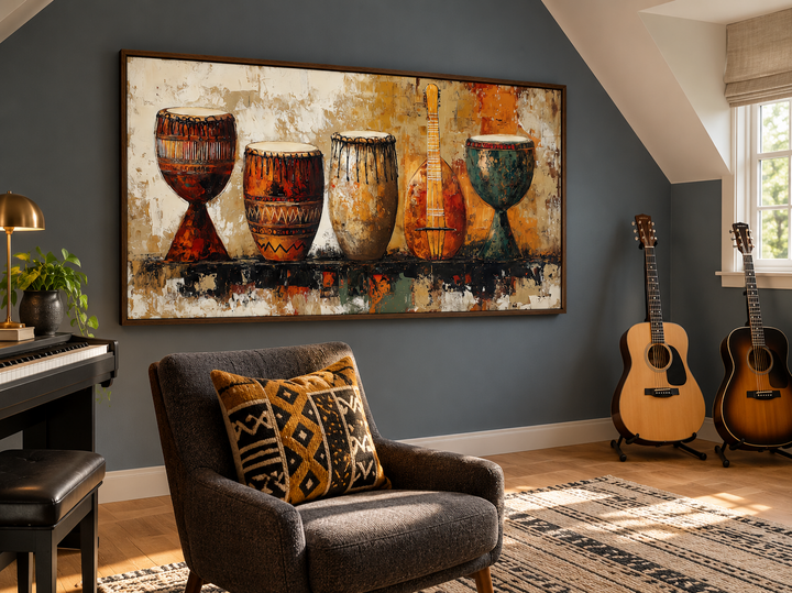 African Musical Instruments Framed Canvas Wall Art featuring djembe drums in a music room.