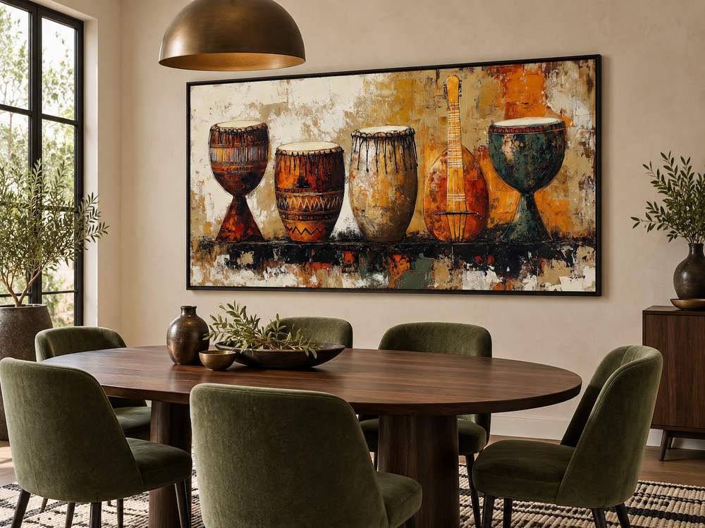 African Musical Instruments Framed Canvas Wall Art featuring djembe drums in a dining room.