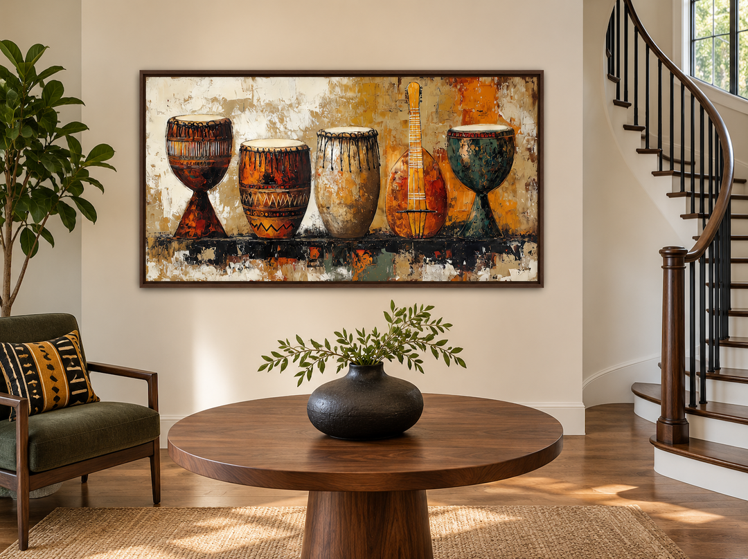 African Musical Instruments Framed Canvas Wall Art featuring djembe drums in an earthy living room.