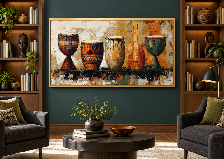 African Musical Instruments Framed Canvas Wall Art featuring djembe drums and a string instrument.