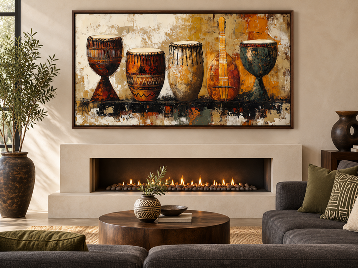 African Musical Instruments Framed Canvas Wall Art featuring djembe drums and a stringed instrument.