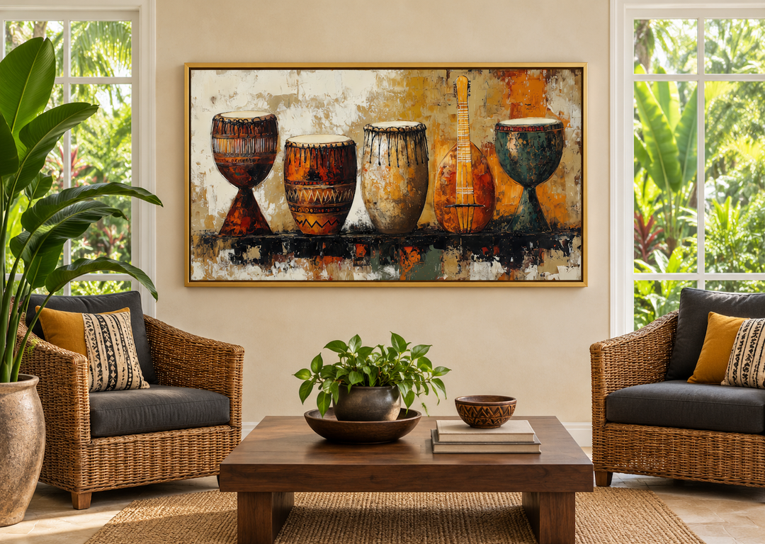 African Musical Instruments Framed Canvas Wall Art featuring djembe drums and a stringed instrument.