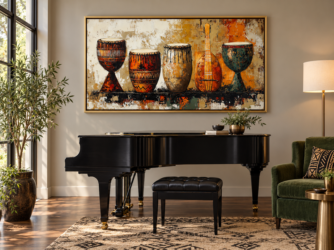 African musical instruments framed canvas wall art above a black grand piano in a music room.