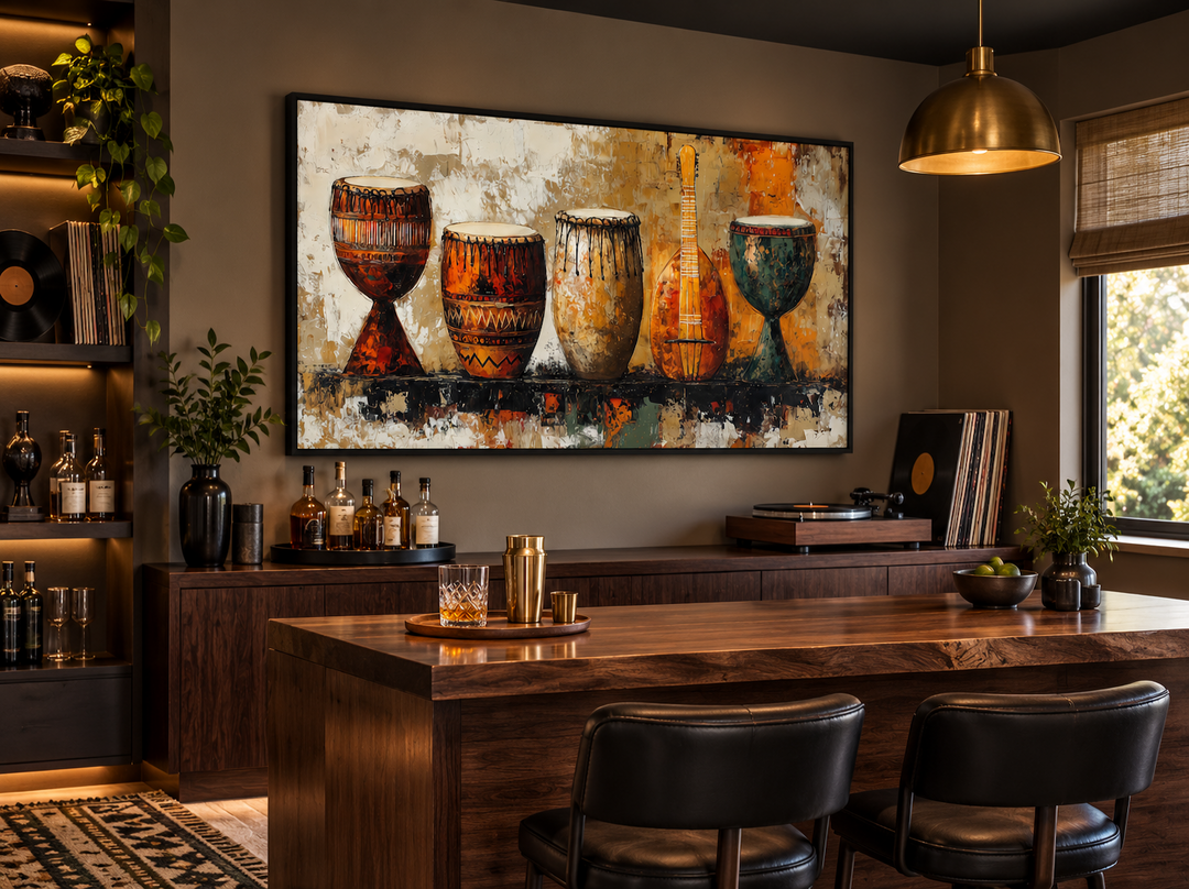 African Musical Instruments Framed Canvas Wall Art featuring djembe drums in a home bar setting.