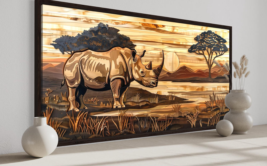African Rhino In Savanna Sunset Distressed Wood Style Canvas Wall Art