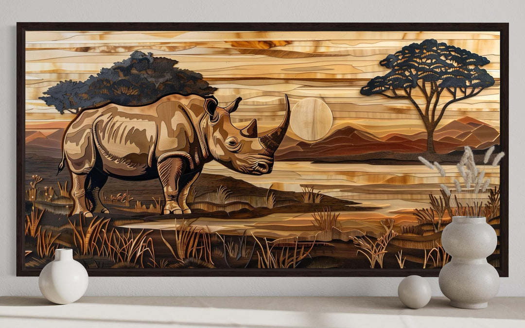 African Rhino In Savanna Sunset Distressed Wood Style Canvas Wall Art