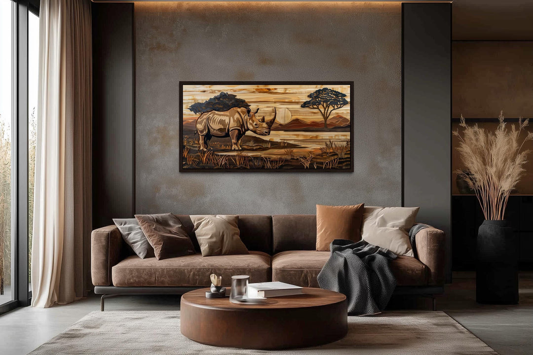 African Rhino In Savanna Sunset Distressed Wood Style Canvas Wall Art