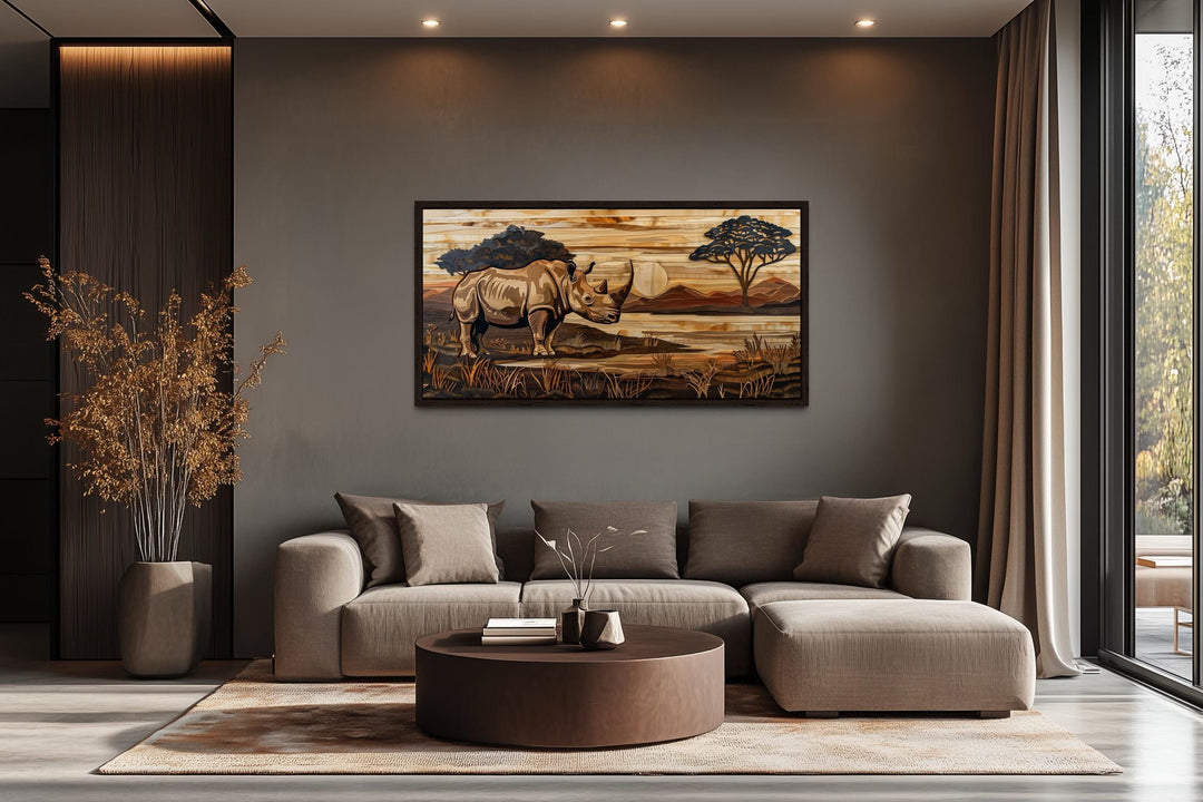 African Rhino In Savanna Sunset Distressed Wood Style Canvas Wall Art