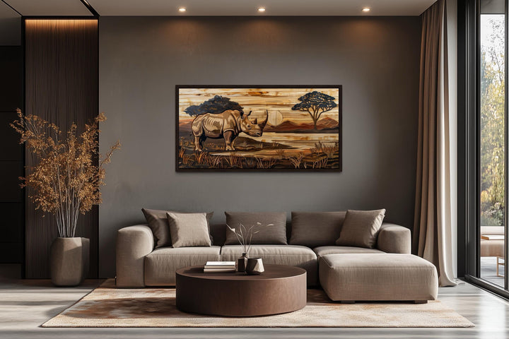 African Rhino In Savanna Sunset Distressed Wood Style Canvas Wall Art
