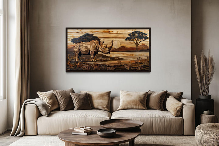 African Rhino In Savanna Sunset Distressed Wood Style Canvas Wall Art