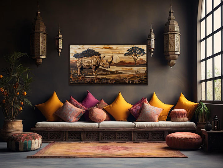 African Rhino In Savanna Sunset Distressed Wood Style Canvas Wall Art