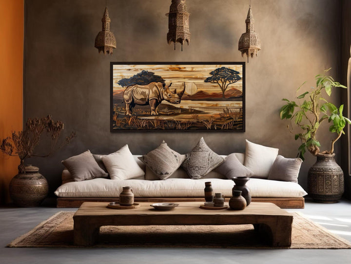 African Rhino In Savanna Sunset Distressed Wood Style Canvas Wall Art