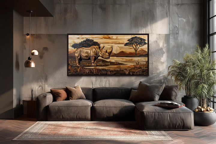African Rhino In Savanna Sunset Distressed Wood Style Canvas Wall Art
