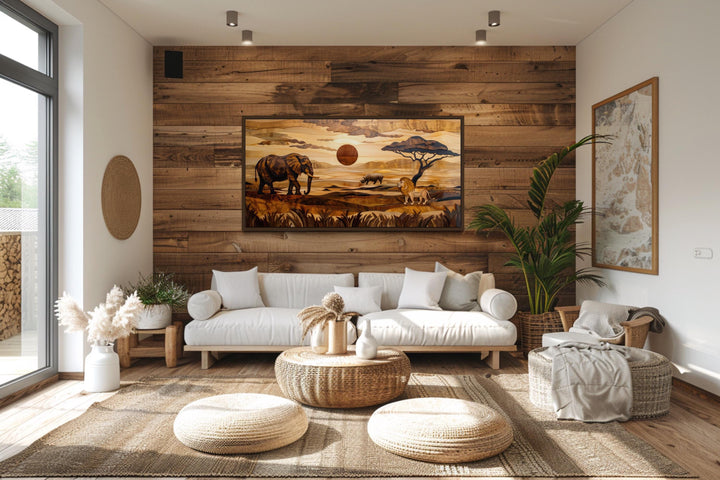 African Savanna Landscape With Elephant, Rhinoceros, Lion Canvas Wall Art