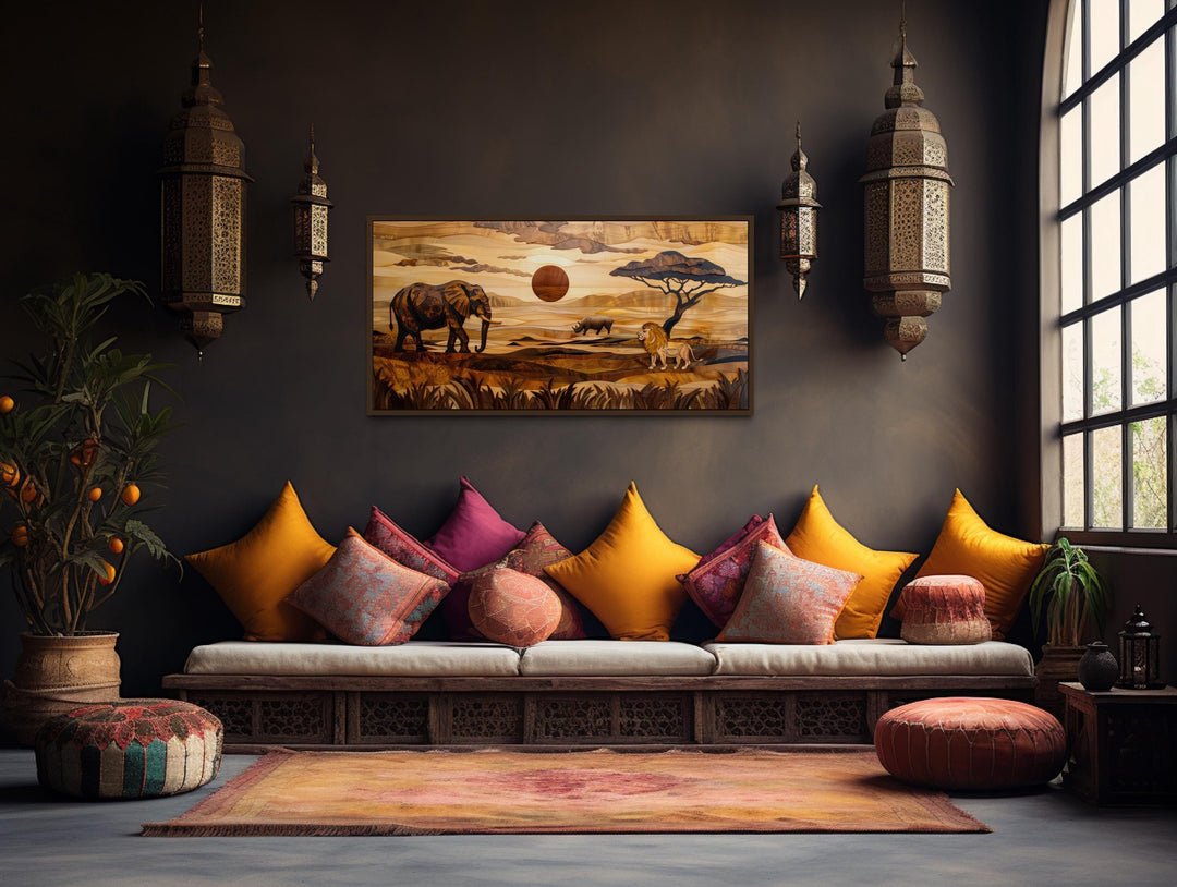 African Savanna Landscape With Elephant, Rhinoceros, Lion Wall Art in living room