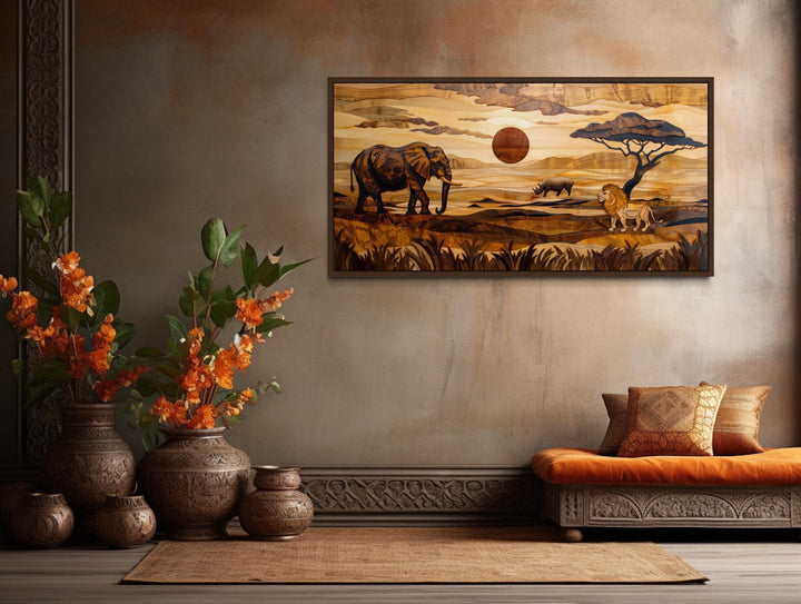 African Savanna Landscape With Elephant, Rhinoceros, Lion Wall Art i n african living room