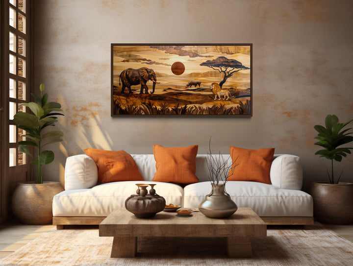 African Savanna Landscape With Elephant, Rhinoceros, Lion Wall Art in brown living room