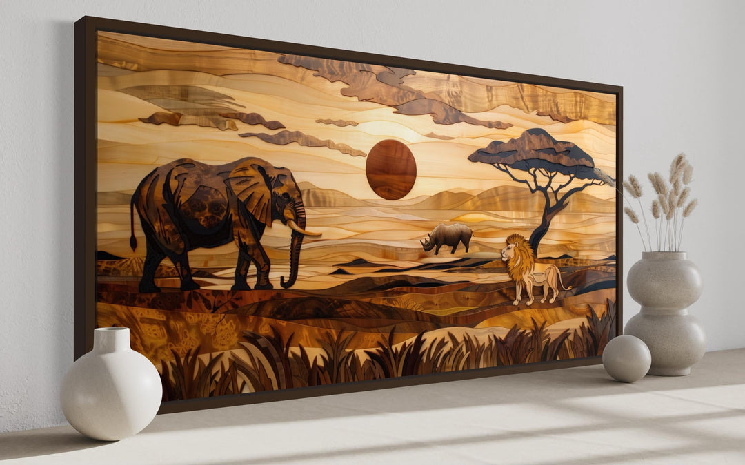 African Savanna Landscape With Elephant, Rhinoceros, Lion Wall Art side view