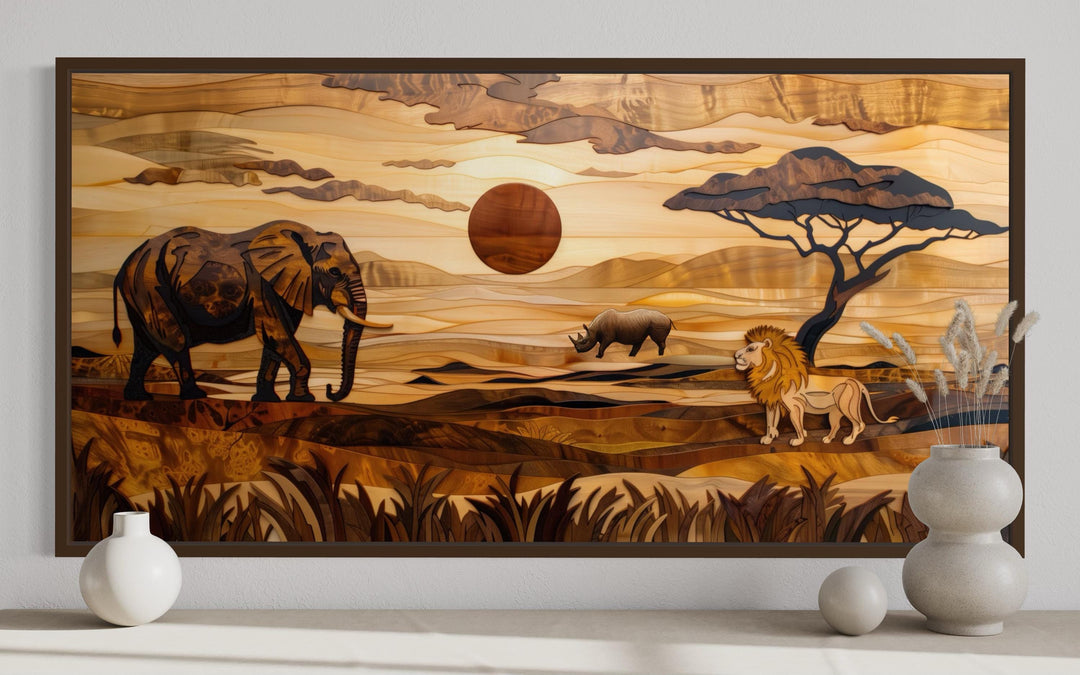 African Savanna Landscape With Elephant, Rhinoceros, Lion Wall Art close up