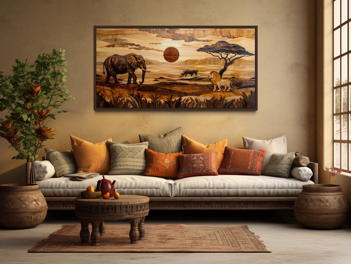 African Savanna Landscape With Elephant, Rhinoceros, Lion Wall Art above couch