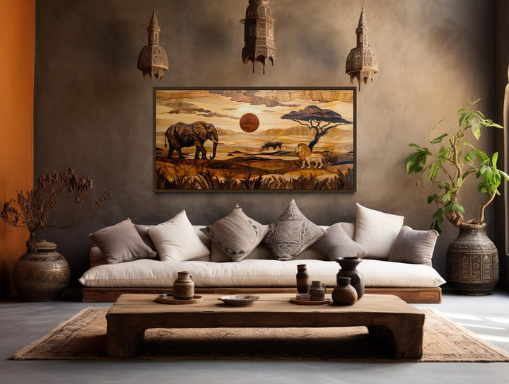 African Savanna Landscape With Elephant, Rhinoceros, Lion Wall Art