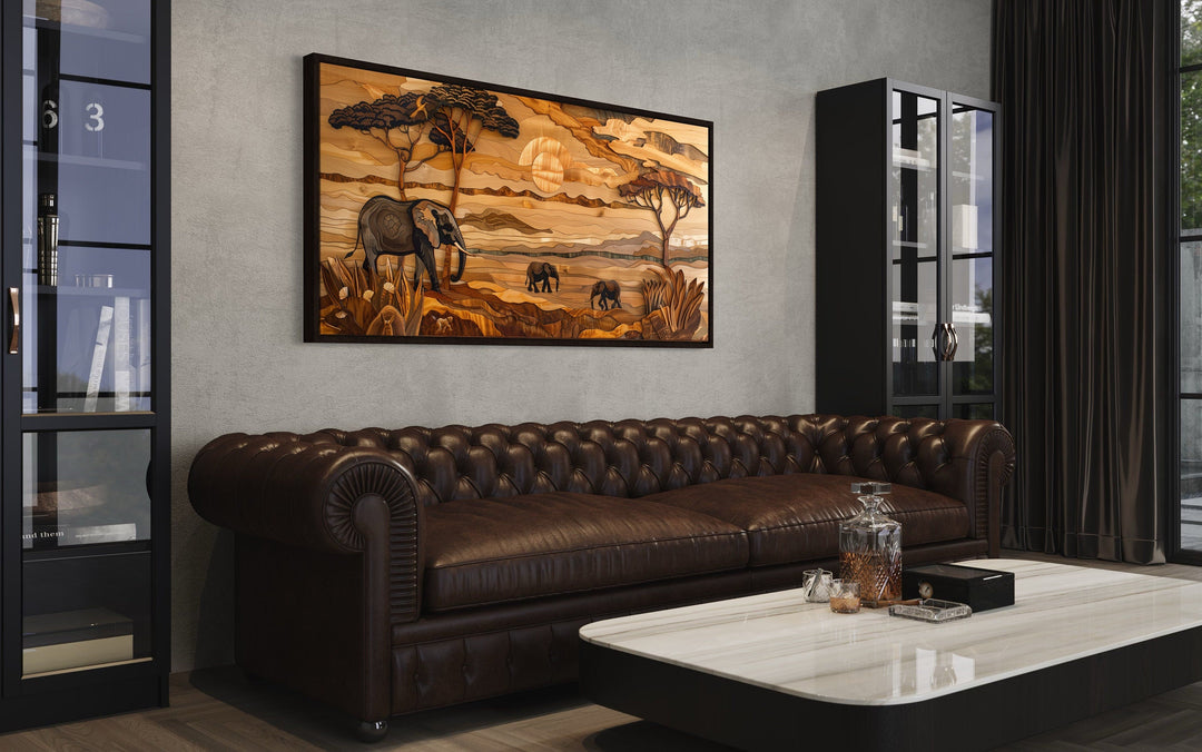 African Savanna Wall Art – Framed Elephant Canvas Print for Rustic Home Decor