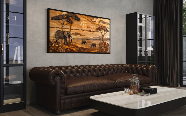 African Savanna Wall Art – Framed Elephant Canvas Print for Rustic Home Decor
