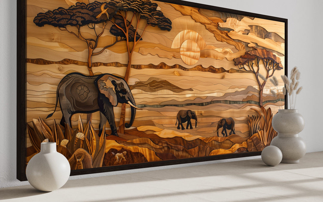 African Savanna With Elephants Framed Canvas Wall Art