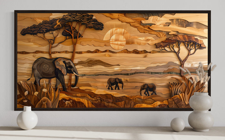 African Savanna With Elephants Framed Canvas Wall Art