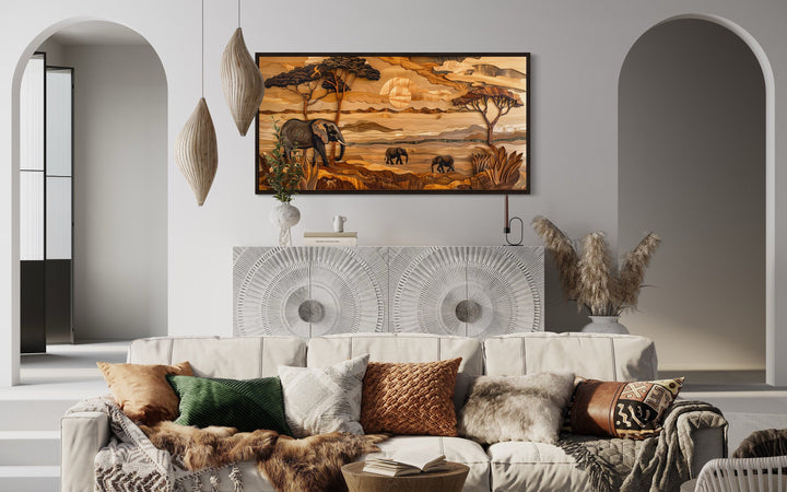 African Savanna With Elephants Framed Canvas Wall Art