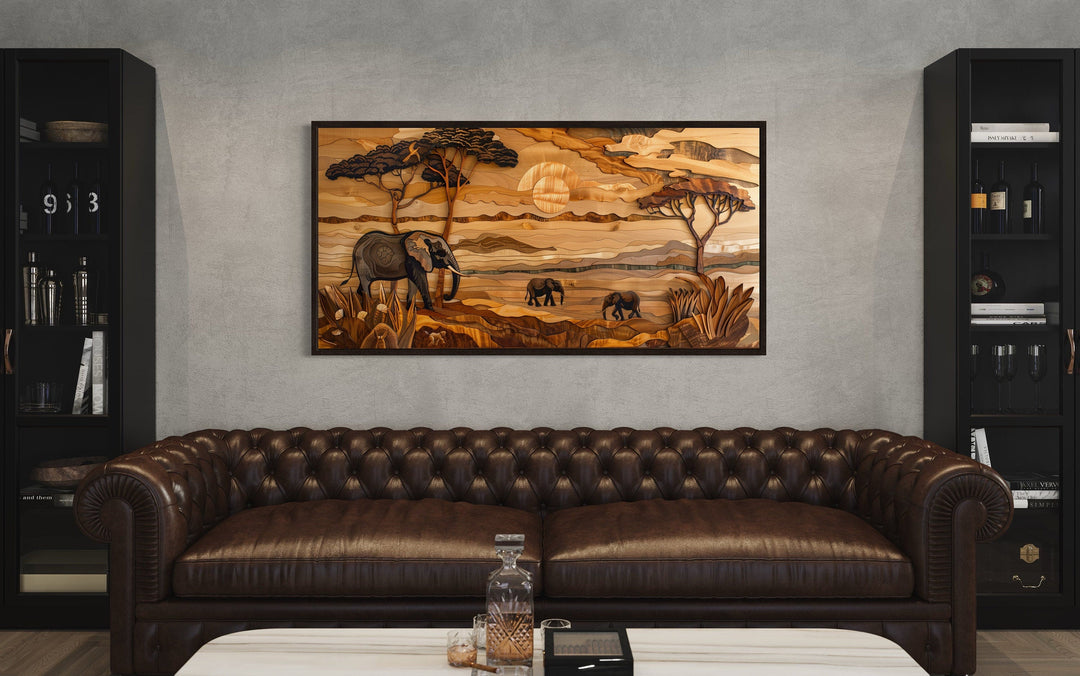 African Savanna With Elephants Framed Canvas Wall Art