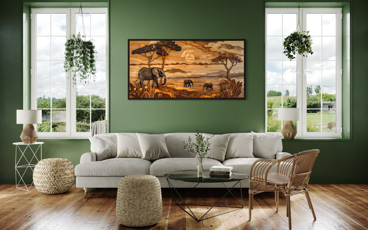 African Savanna With Elephants Framed Canvas Wall Art