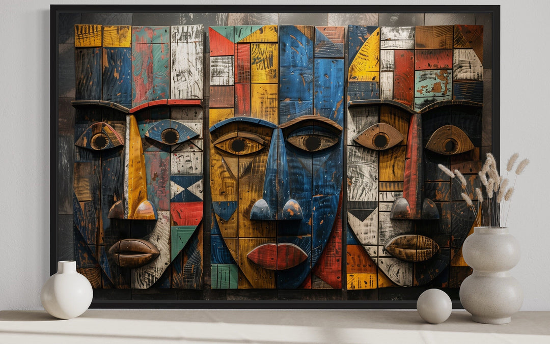 African Tribal Masks Abstract Framed Canvas Wall Art