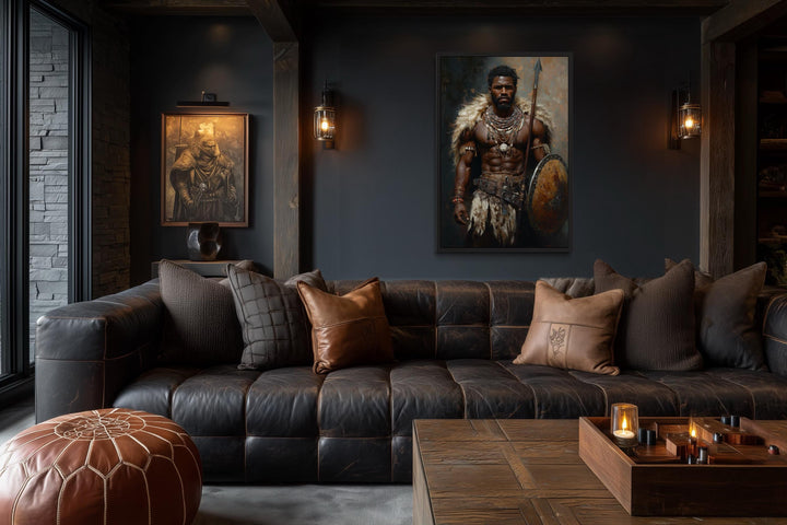 African tribal warrior art with shield and spear.