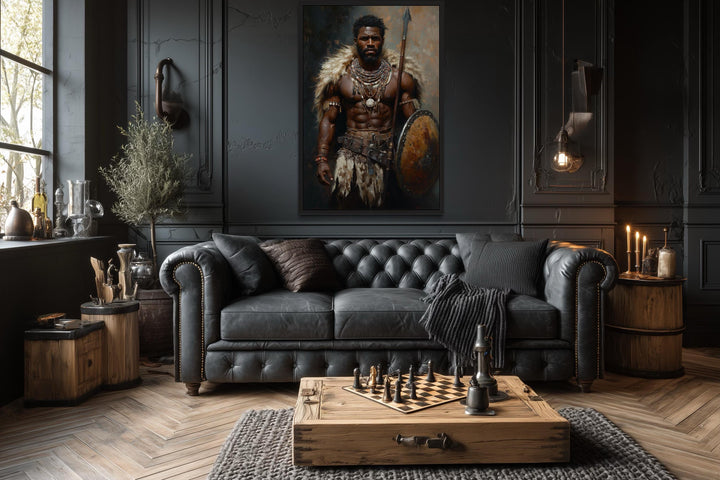 African tribal warrior canvas print with shield and spear.