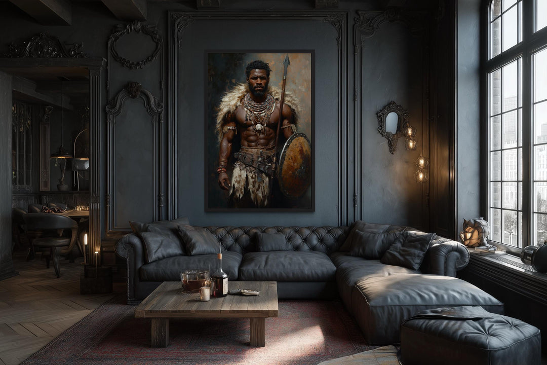 African tribal warrior canvas print with shield and spear.