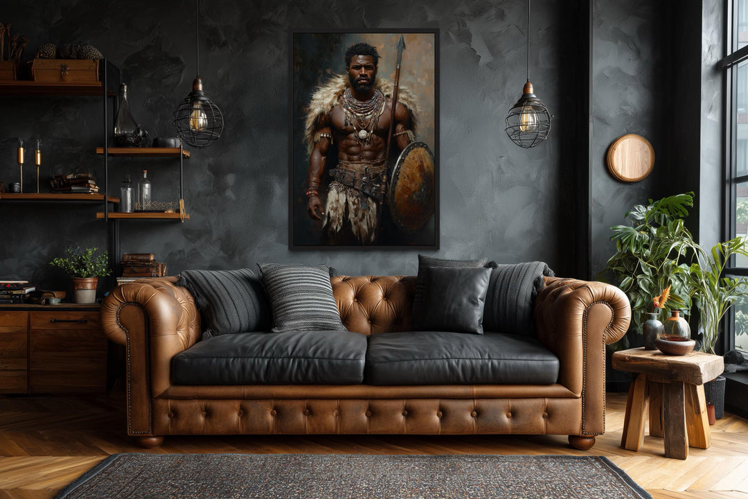 African tribal warrior canvas print with shield and spear.