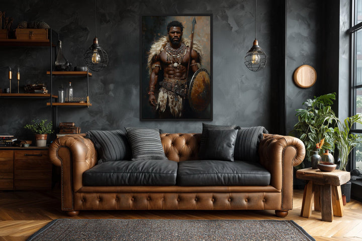 African tribal warrior canvas print with shield and spear.