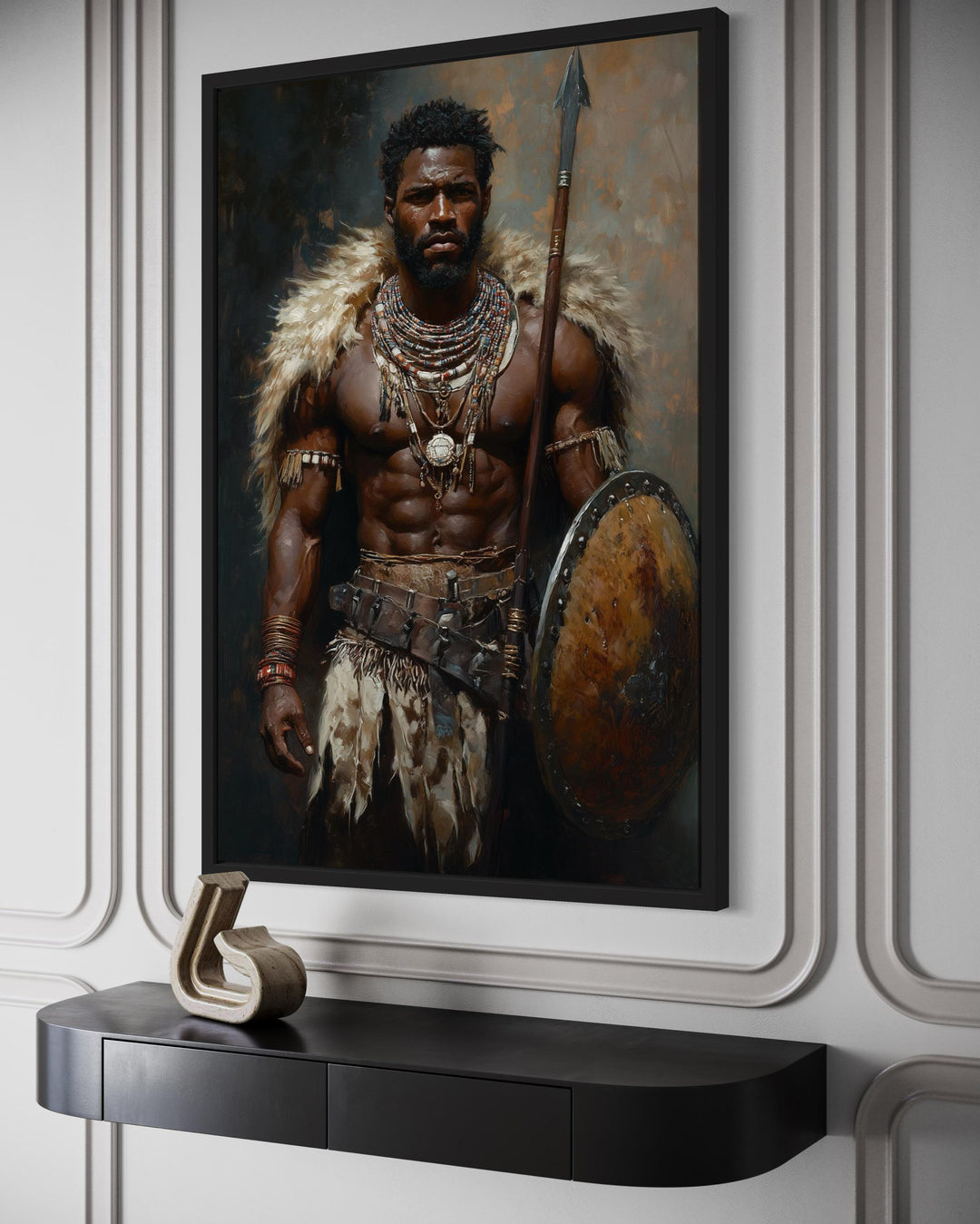 African tribal warrior canvas print with shield and spear.