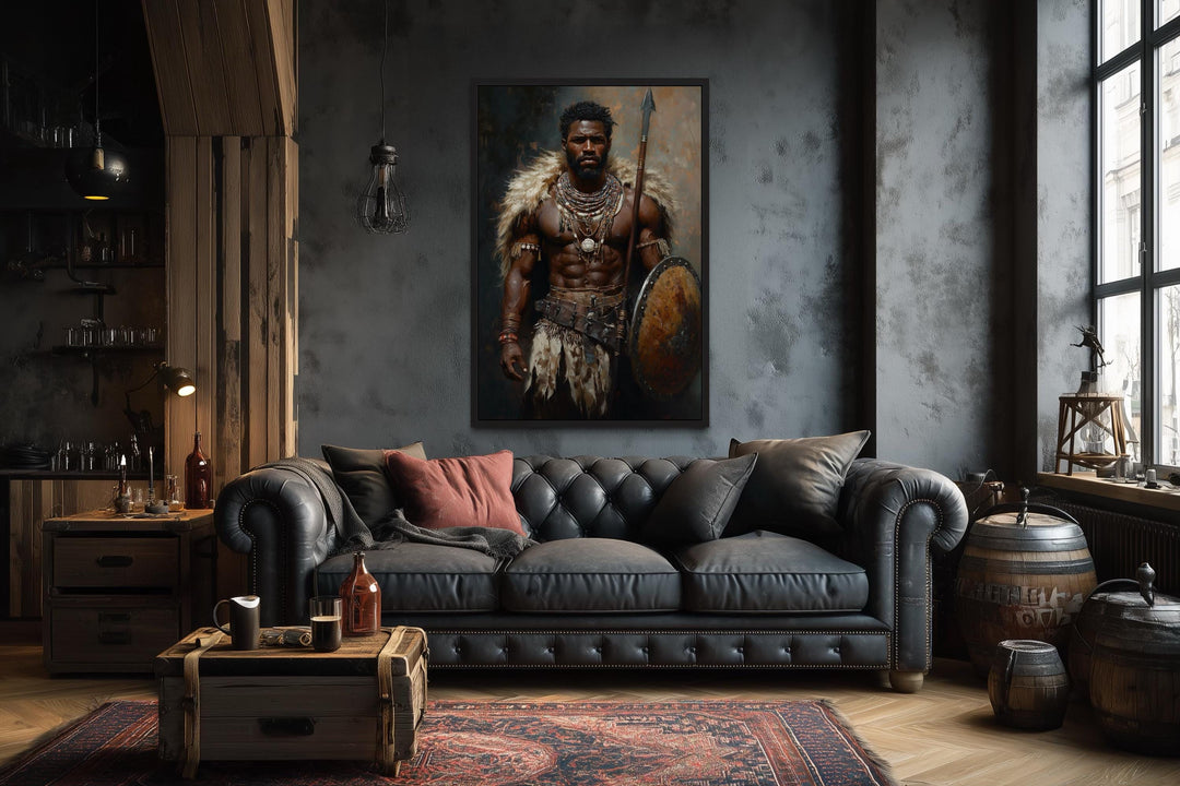 African tribal warrior canvas print with shield and spear.