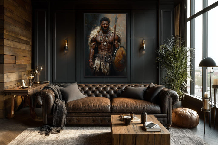 African Tribal Warrior With Shield and Spear Masculine Canvas Wall Art