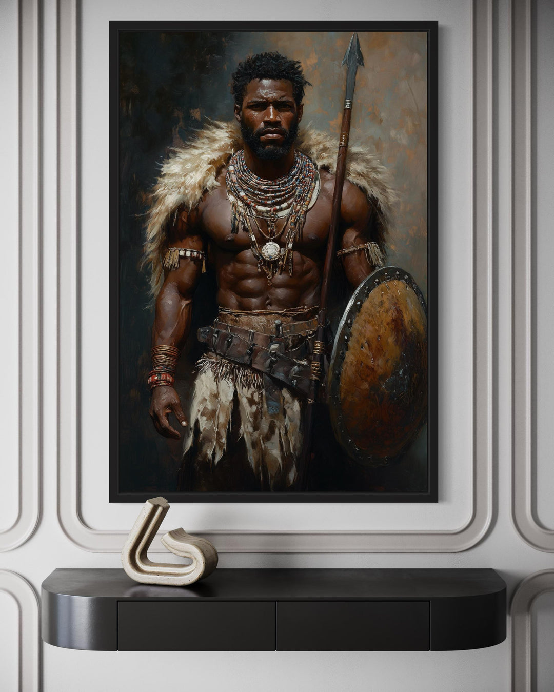 African Tribal Warrior With Shield and Spear Masculine Canvas Wall Art