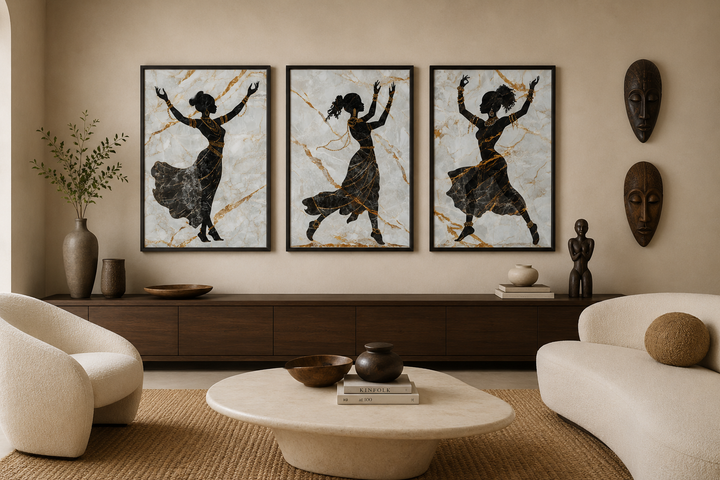 Three-piece framed canvas art of dancing African women silhouettes on a marble background.