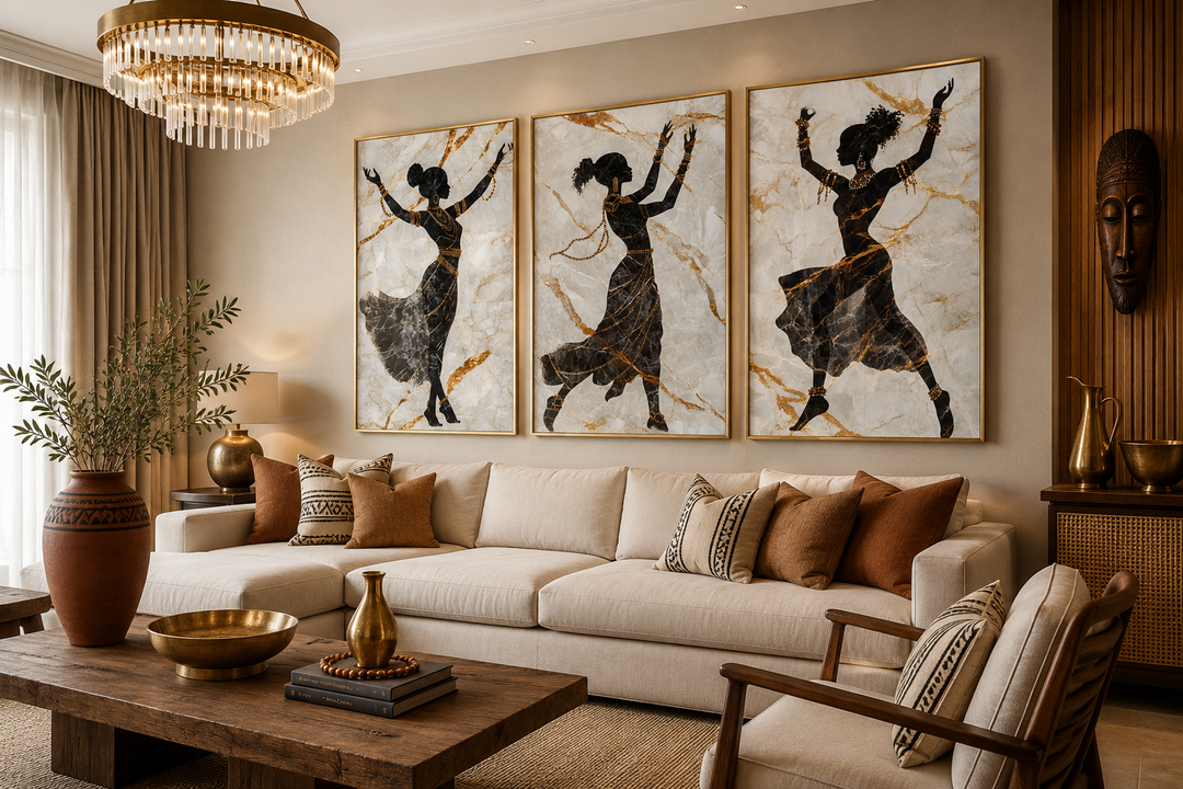 Three-piece framed canvas art featuring black silhouettes of dancing African women with gold accents.