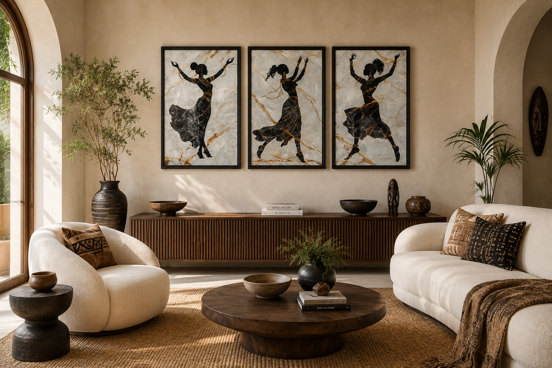 Three-piece framed canvas set featuring black and gold African dancing women silhouettes on marble.