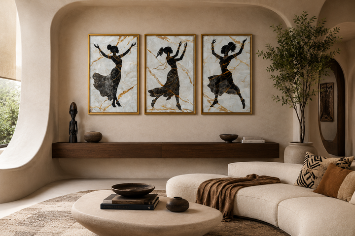 Three-piece framed canvas art featuring black silhouettes of dancing African women with gold accents.
