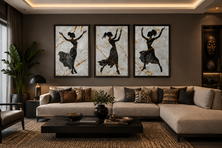Three-piece framed canvas set featuring black silhouettes of dancing African women with gold accents