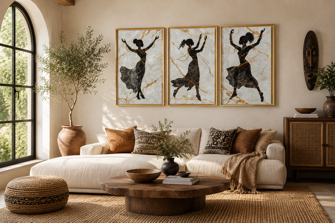 Three-piece framed canvas art featuring black silhouettes of African dancers with gold accents.